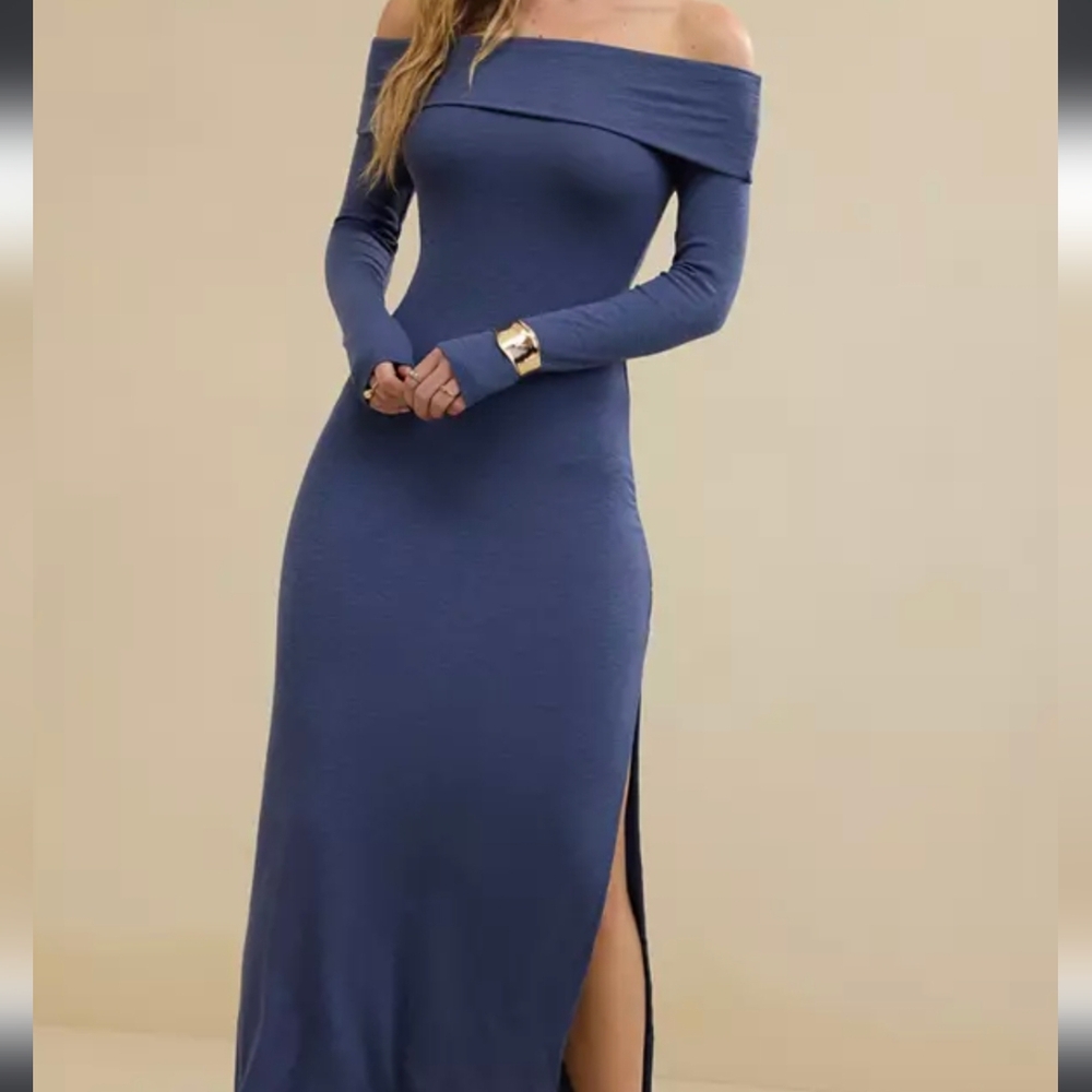 aerie Off-the-Shoulder Long Sleeve Slate Blue Knit Dress